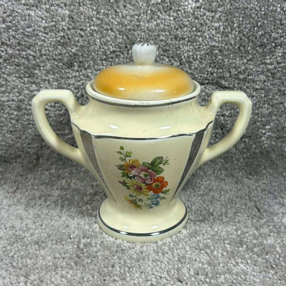 Sugar Bowl Cream Floral Silver‎ Trim Vintage Double Handle Lid Small